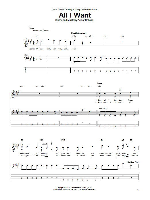 Learn to play The Offspring All I Want sheet music for Bass Guitar Tab in minutes. The Offspring All I Want sheet music preview music notes and score for Bass Guitar Tab including 3 page(s)