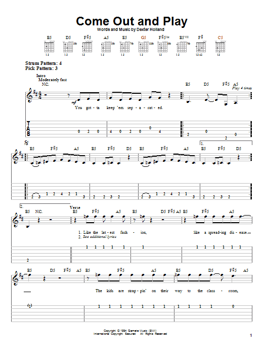 Learn to play The Offspring Come Out And Play sheet music for Easy Guitar Tab in minutes. The Offspring Come Out And Play sheet music preview music notes and score for Easy Guitar Tab including 3 page(s)