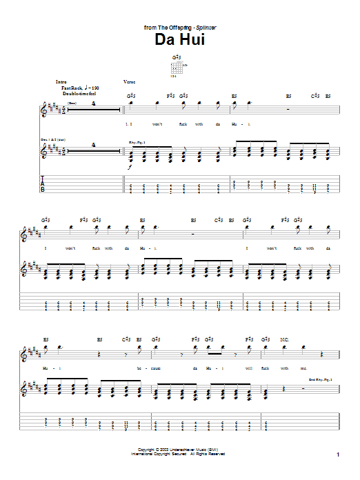 Learn to play The Offspring Da Hui sheet music for Guitar Tab in minutes. The Offspring Da Hui sheet music preview music notes and score for Guitar Tab including 3 page(s)
