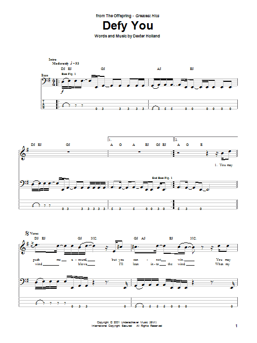 Learn to play The Offspring Defy You sheet music for Bass Guitar Tab in minutes. The Offspring Defy You sheet music preview music notes and score for Bass Guitar Tab including 5 page(s)