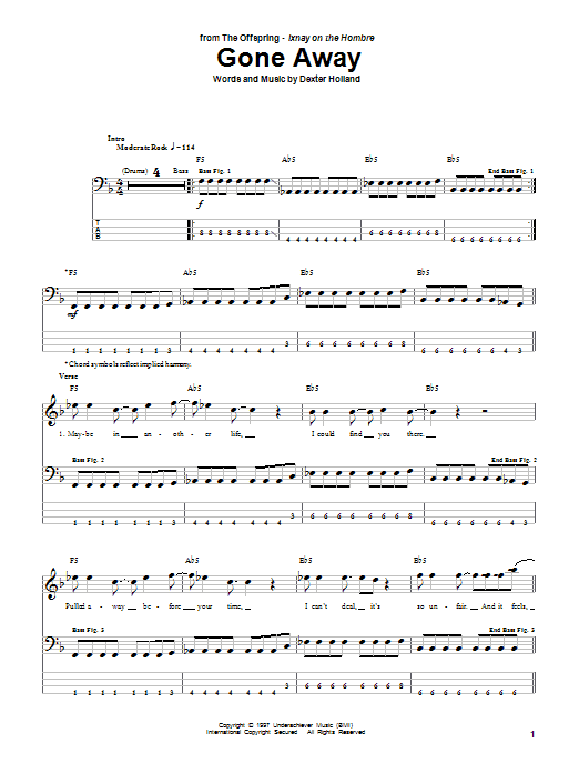 Learn to play The Offspring Gone Away sheet music for Easy Guitar Tab in minutes. The Offspring Gone Away sheet music preview music notes and score for Easy Guitar Tab including 5 page(s)