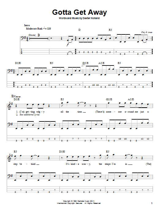 Learn to play The Offspring Gotta Get Away sheet music for Bass Guitar Tab in minutes. The Offspring Gotta Get Away sheet music preview music notes and score for Bass Guitar Tab including 3 page(s)