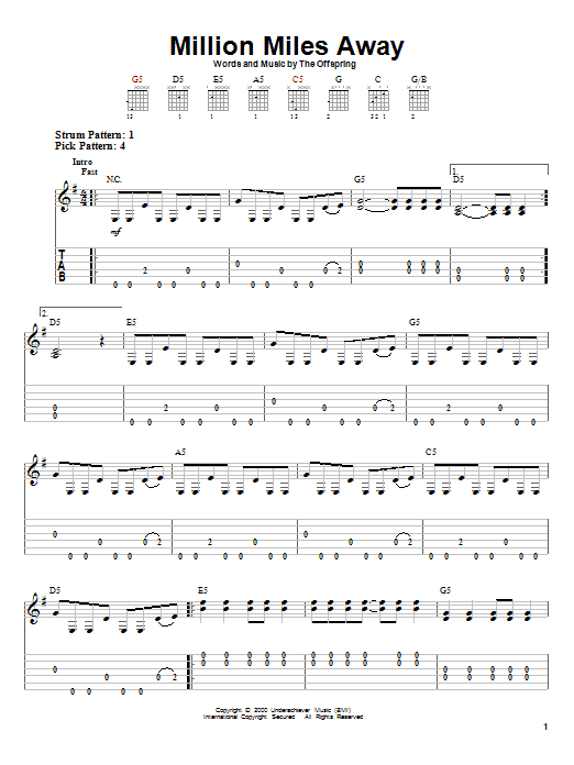 Learn to play The Offspring Million Miles Away sheet music for Easy Guitar Tab in minutes. The Offspring Million Miles Away sheet music preview music notes and score for Easy Guitar Tab including 5 page(s)