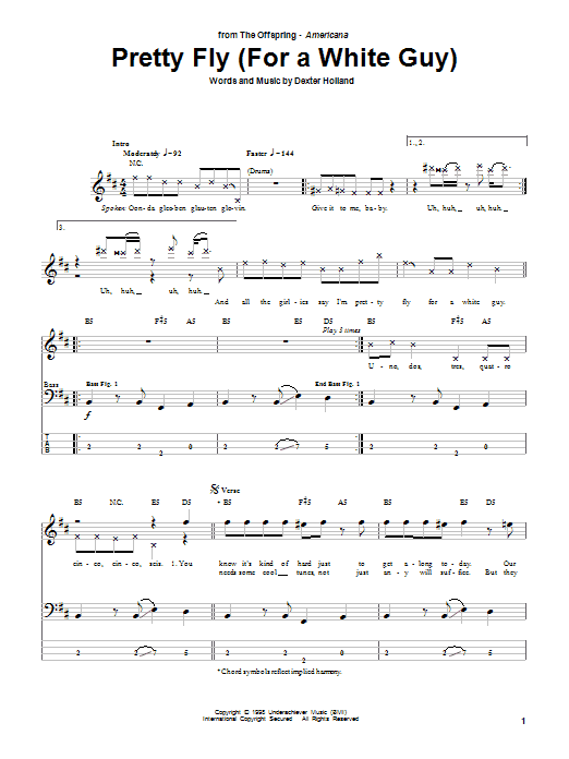 Learn to play The Offspring Pretty Fly (For A White Guy) sheet music for Bass Guitar Tab in minutes. The Offspring Pretty Fly (For A White Guy) sheet music preview music notes and score for Bass Guitar Tab including 5 page(s)