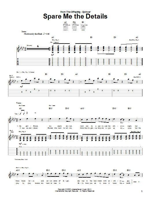 Learn to play The Offspring Spare Me The Details sheet music for Guitar Tab in minutes. The Offspring Spare Me The Details sheet music preview music notes and score for Guitar Tab including 5 page(s)