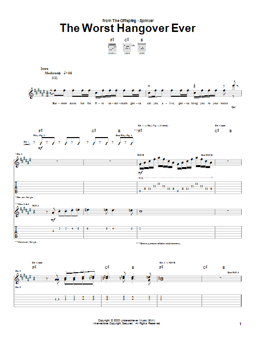 Learn to play The Offspring The Worst Hangover Ever sheet music for Guitar Tab in minutes. The Offspring The Worst Hangover Ever sheet music preview music notes and score for Guitar Tab including 4 page(s)