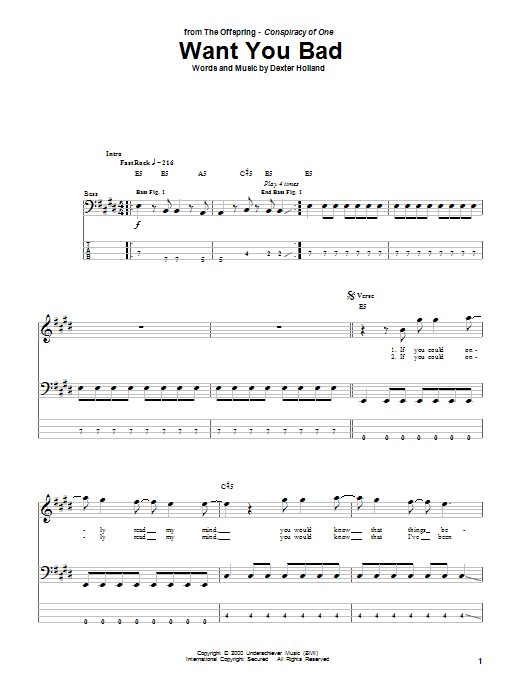 Learn to play The Offspring Want You Bad sheet music for Bass Guitar Tab in minutes. The Offspring Want You Bad sheet music preview music notes and score for Bass Guitar Tab including 7 page(s)