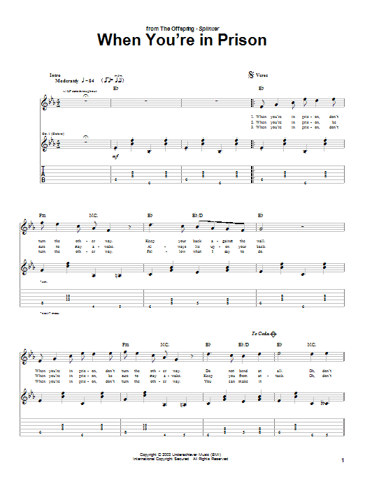 Learn to play The Offspring When You're In Prison sheet music for Guitar Tab in minutes. The Offspring When You're In Prison sheet music preview music notes and score for Guitar Tab including 2 page(s)