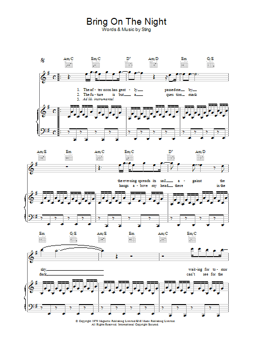 The Police Bring On The Night sheet music preview music notes and score for Lyrics & Chords including 2 page(s)