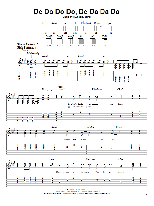 Learn to play The Police De Do Do Do, De Da Da Da sheet music for Easy Guitar Tab in minutes. The Police De Do Do Do, De Da Da Da sheet music preview music notes and score for Easy Guitar Tab including 4 page(s)