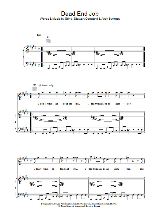 The Police Dead End Job sheet music preview music notes and score for Lyrics & Chords including 2 page(s)