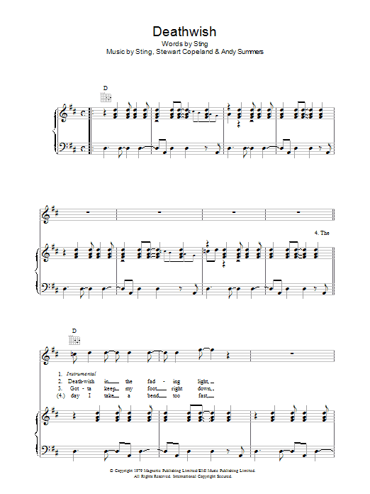 Learn to play The Police Deathwish sheet music for Piano, Vocal & Guitar in minutes. The Police Deathwish sheet music preview music notes and score for Piano, Vocal & Guitar including 4 page(s)