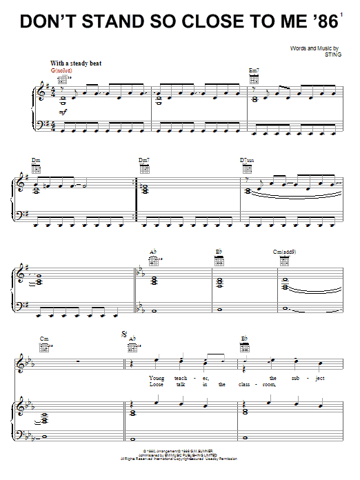 The Police Don't Stand So Close To Me '86 sheet music preview music notes and score for Piano, Vocal & Guitar (Right-Hand Melody) including 6 page(s)