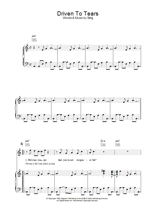 Learn to play The Police Driven To Tears sheet music for Piano, Vocal & Guitar in minutes. The Police Driven To Tears sheet music preview music notes and score for Piano, Vocal & Guitar including 4 page(s)