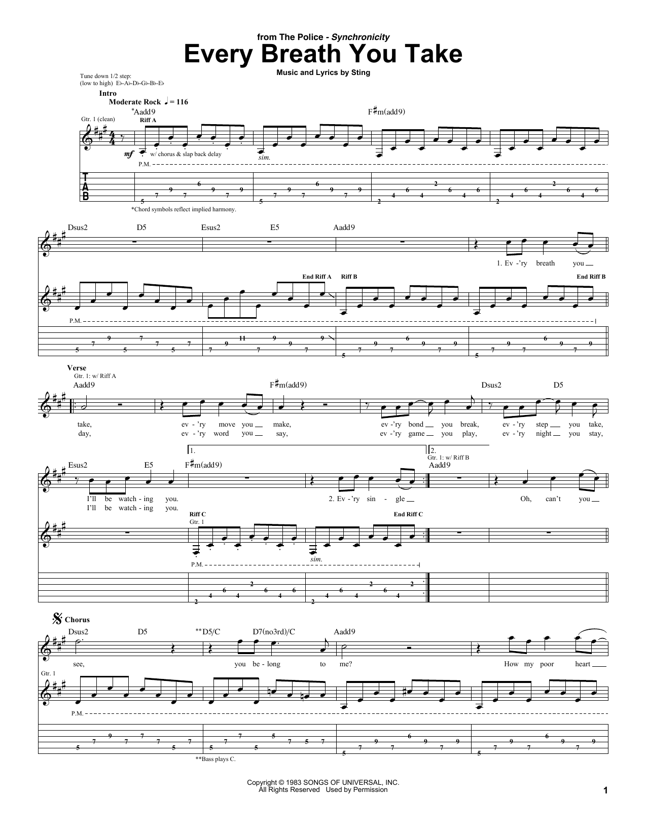 The Police Every Breath You Take sheet music preview music notes and score for Piano, Vocal & Guitar (Right-Hand Melody) including 7 page(s)