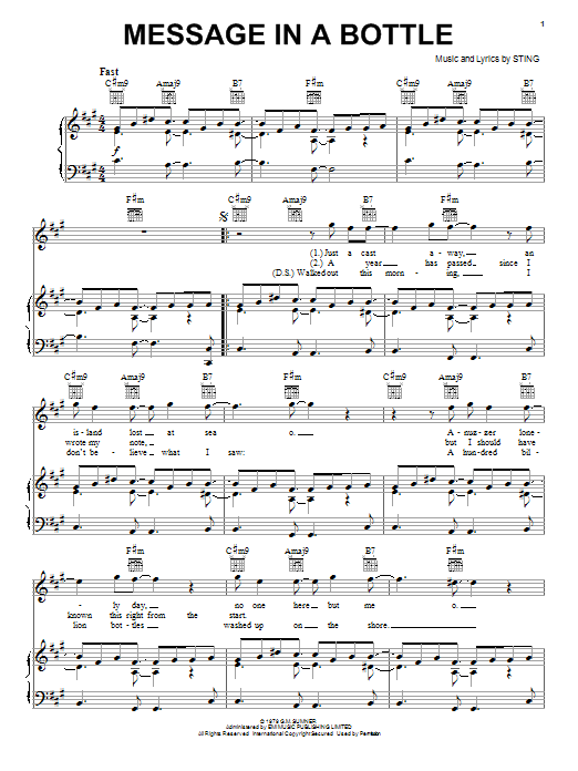 The Police Message In A Bottle sheet music preview music notes and score for Lyrics & Chords including 2 page(s)