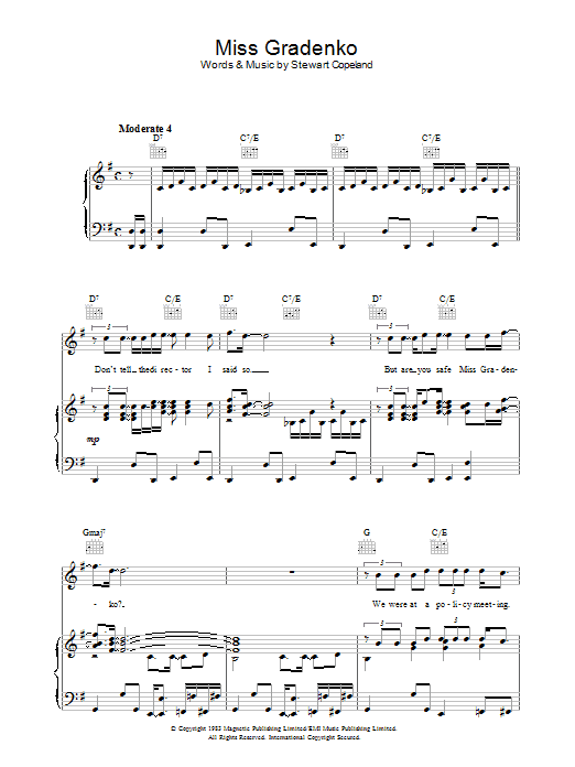 The Police Miss Gradenko sheet music preview music notes and score for Piano, Vocal & Guitar (Right-Hand Melody) including 6 page(s)