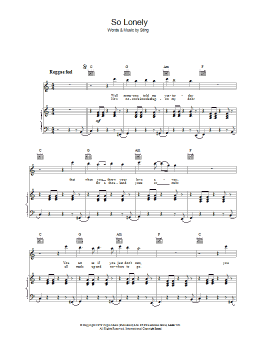 The Police So Lonely sheet music preview music notes and score for Lyrics & Chords including 2 page(s)