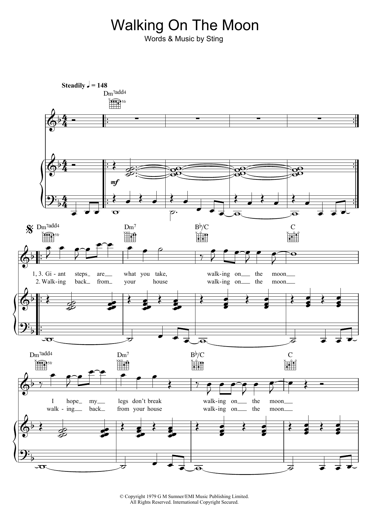 The Police Walking On The Moon sheet music preview music notes and score for Piano, Vocal & Guitar including 4 page(s)