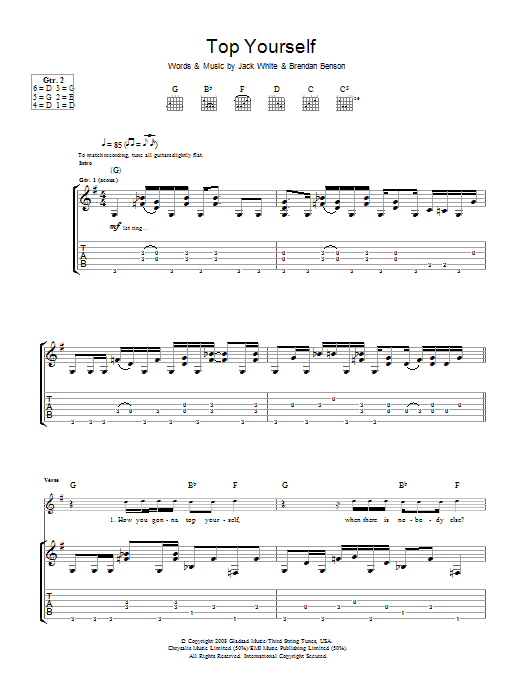 Learn to play The Raconteurs Top Yourself sheet music for Guitar Tab in minutes. The Raconteurs Top Yourself sheet music preview music notes and score for Guitar Tab including 9 page(s)