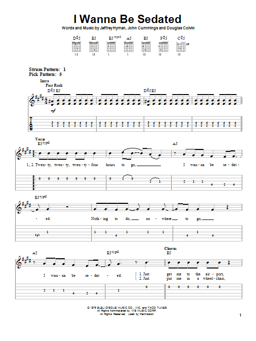 Learn to play Ramones I Wanna Be Sedated sheet music for Piano, Vocal & Guitar (Right-Hand Melody) in minutes. Ramones I Wanna Be Sedated sheet music preview music notes and score for Piano, Vocal & Guitar (Right-Hand Melody) including 5 page(s)