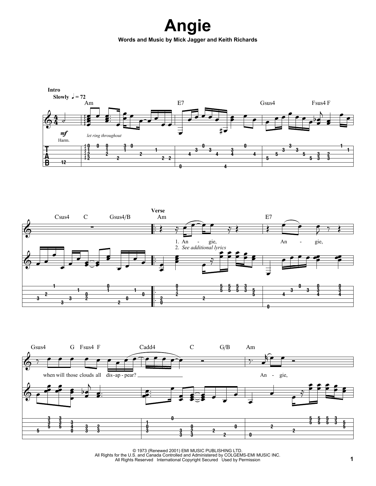 The Rolling Stones Angie sheet music preview music notes and score for Guitar Tab including 2 page(s)