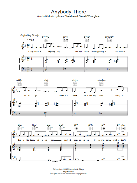 The Script Anybody There sheet music preview music notes and score for Piano, Vocal & Guitar including 4 page(s)