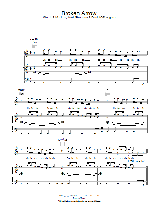 Learn to play The Script Broken Arrow sheet music for Piano, Vocal & Guitar (Right-Hand Melody) in minutes. The Script Broken Arrow sheet music preview music notes and score for Piano, Vocal & Guitar (Right-Hand Melody) including 7 page(s)