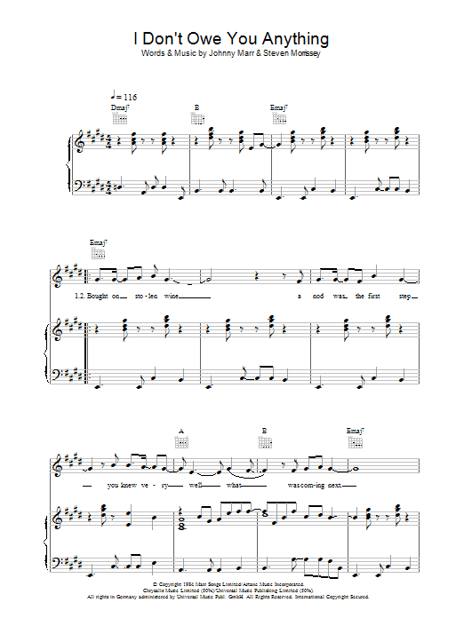 The Smiths I Don't Owe You Anything sheet music preview music notes and score for Piano, Vocal & Guitar including 7 page(s)