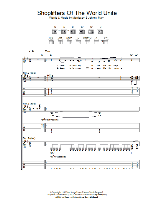 The Smiths Shoplifters Of The World Unite sheet music preview music notes and score for Guitar Tab including 6 page(s)
