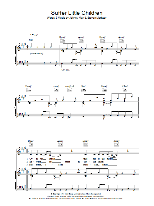 The Smiths Suffer Little Children sheet music preview music notes and score for Piano, Vocal & Guitar including 7 page(s)