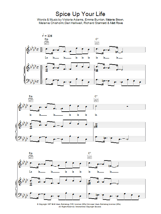 The Spice Girls Spice Up Your Life sheet music preview music notes and score for Piano, Vocal & Guitar (Right-Hand Melody) including 7 page(s)