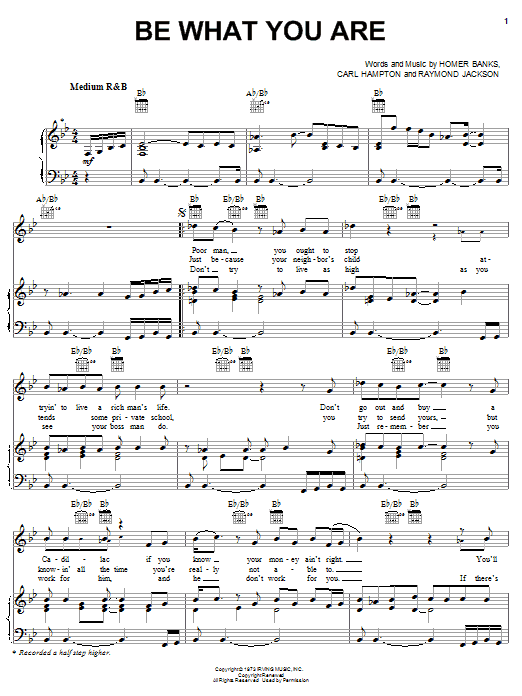 Learn to play The Staple Singers Be What You Are sheet music for Piano, Vocal & Guitar (Right-Hand Melody) in minutes. The Staple Singers Be What You Are sheet music preview music notes and score for Piano, Vocal & Guitar (Right-Hand Melody) including 5 page(s)