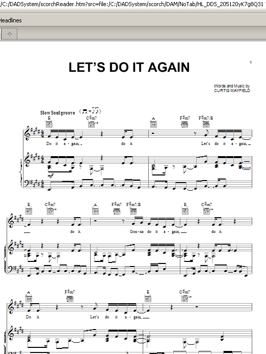 Learn to play The Staple Singers Let's Do It Again sheet music for Piano, Vocal & Guitar (Right-Hand Melody) in minutes. The Staple Singers Let's Do It Again sheet music preview music notes and score for Piano, Vocal & Guitar (Right-Hand Melody) including 7 page(s)