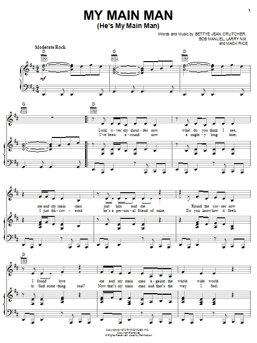 Learn to play The Staple Singers My Main Man (He's My Main Man) sheet music for Piano, Vocal & Guitar (Right-Hand Melody) in minutes. The Staple Singers My Main Man (He's My Main Man) sheet music preview music notes and score for Piano, Vocal & Guitar (Right-Hand Melody) including 2 page(s)