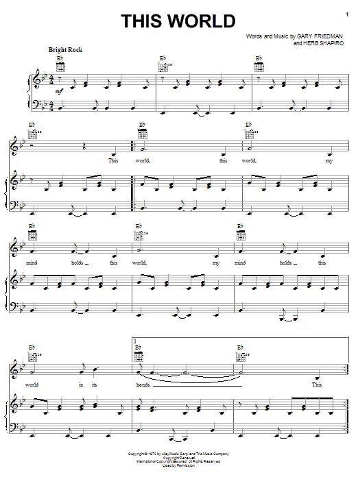 Learn to play The Staple Singers This World sheet music for Piano, Vocal & Guitar (Right-Hand Melody) in minutes. The Staple Singers This World sheet music preview music notes and score for Piano, Vocal & Guitar (Right-Hand Melody) including 5 page(s)