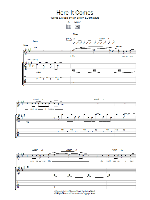 The Stone Roses Here It Comes sheet music preview music notes and score for Guitar Tab including 8 page(s)