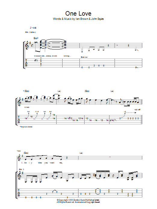 The Stone Roses One Love sheet music preview music notes and score for Guitar Tab including 10 page(s)