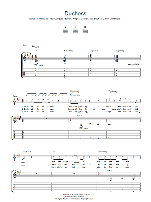 Learn to play The Stranglers Duchess sheet music for Guitar Tab in minutes. The Stranglers Duchess sheet music preview music notes and score for Guitar Tab including 3 page(s)