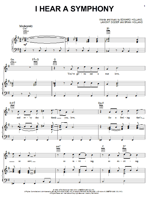 Learn to play The Supremes I Hear A Symphony sheet music for Piano, Vocal & Guitar (Right-Hand Melody) in minutes. The Supremes I Hear A Symphony sheet music preview music notes and score for Piano, Vocal & Guitar (Right-Hand Melody) including 5 page(s)