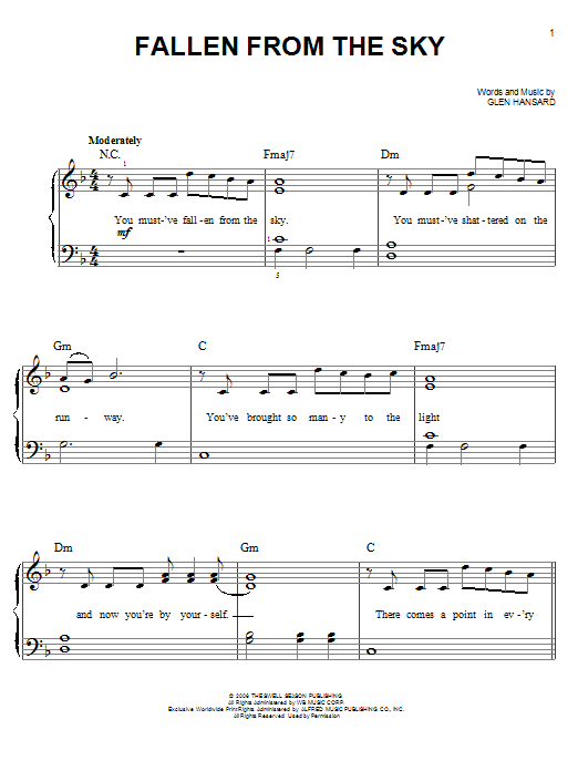 Learn to play The Swell Season Fallen From The Sky sheet music for Piano & Vocal in minutes. The Swell Season Fallen From The Sky sheet music preview music notes and score for Piano & Vocal including 8 page(s)