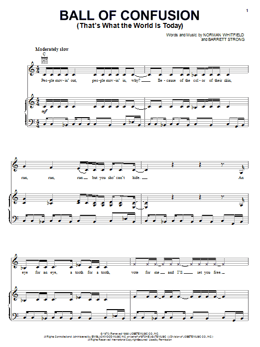 Learn to play The Temptations Ball Of Confusion (That's What The World Is Today) sheet music for Piano, Vocal & Guitar (Right-Hand Melody) in minutes. The Temptations Ball Of Confusion (That's What The World Is Today) sheet music preview music notes and score for Piano, Vocal & Guitar (Right-Hand Melody) including 7 page(s)