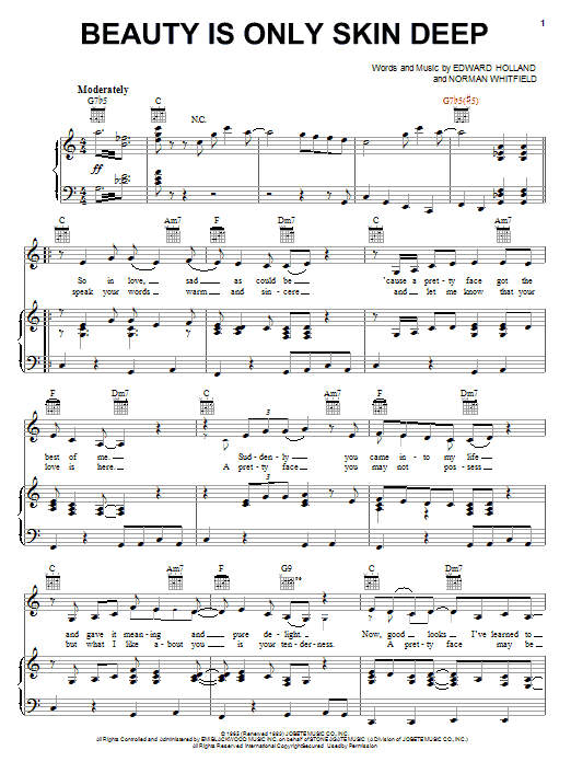 Learn to play The Temptations Beauty Is Only Skin Deep sheet music for Piano, Vocal & Guitar (Right-Hand Melody) in minutes. The Temptations Beauty Is Only Skin Deep sheet music preview music notes and score for Piano, Vocal & Guitar (Right-Hand Melody) including 4 page(s)