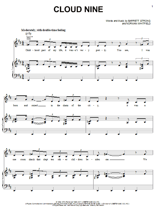 Learn to play The Temptations Cloud Nine sheet music for Piano, Vocal & Guitar (Right-Hand Melody) in minutes. The Temptations Cloud Nine sheet music preview music notes and score for Piano, Vocal & Guitar (Right-Hand Melody) including 7 page(s)
