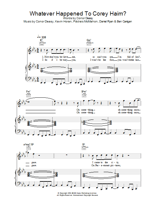 Learn to play The Thrills Whatever Happened To Corey Haim? sheet music for Piano, Vocal & Guitar in minutes. The Thrills Whatever Happened To Corey Haim? sheet music preview music notes and score for Piano, Vocal & Guitar including 5 page(s)