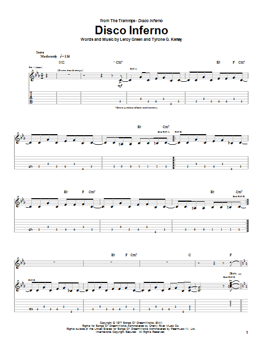 The Trammps Disco Inferno sheet music preview music notes and score for Piano, Vocal & Guitar including 5 page(s)