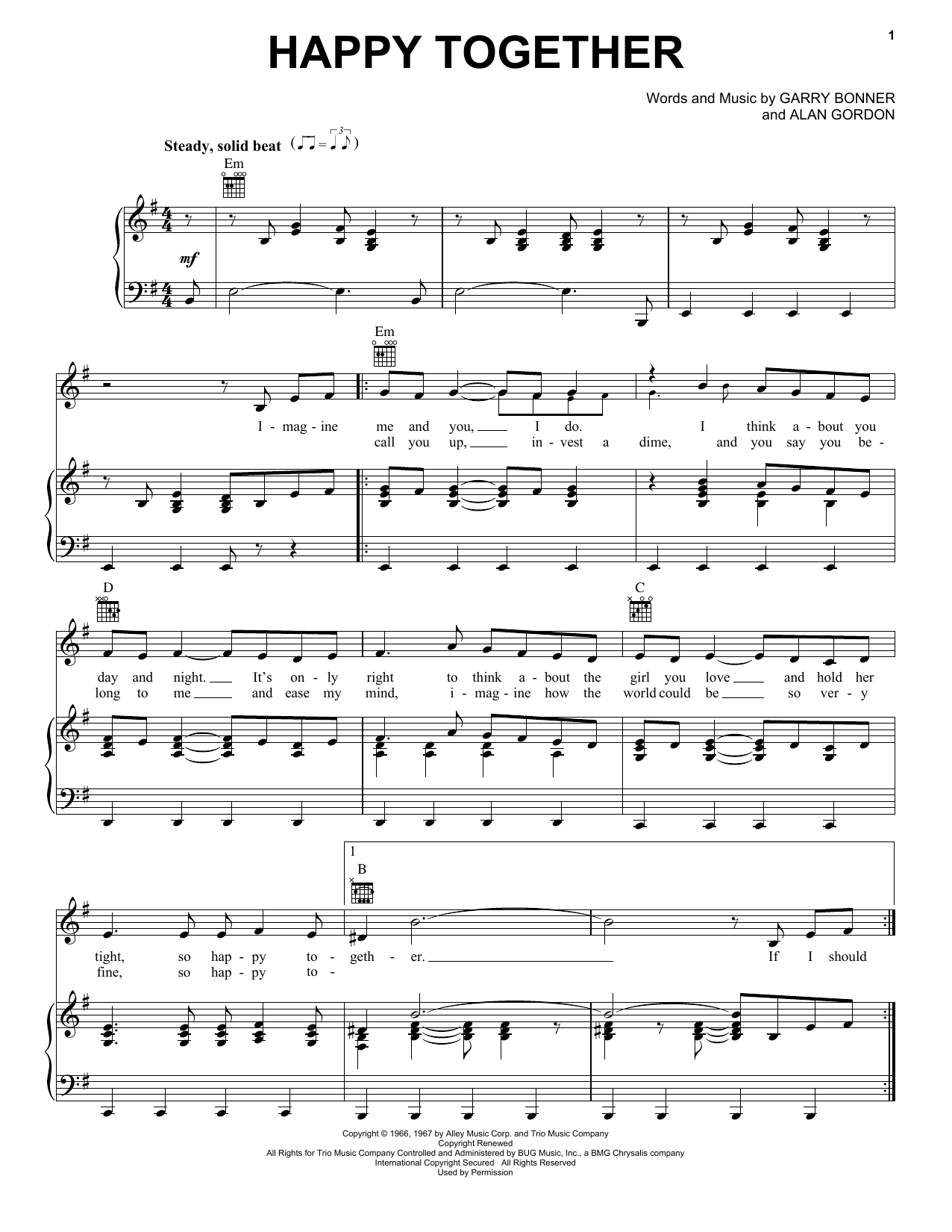 The Turtles Happy Together sheet music preview music notes and score for Piano, Vocal & Guitar (Right-Hand Melody) including 4 page(s)