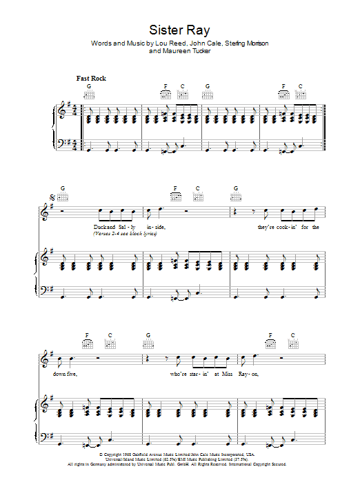 The Velvet Underground Sister Ray sheet music preview music notes and score for Piano, Vocal & Guitar including 4 page(s)