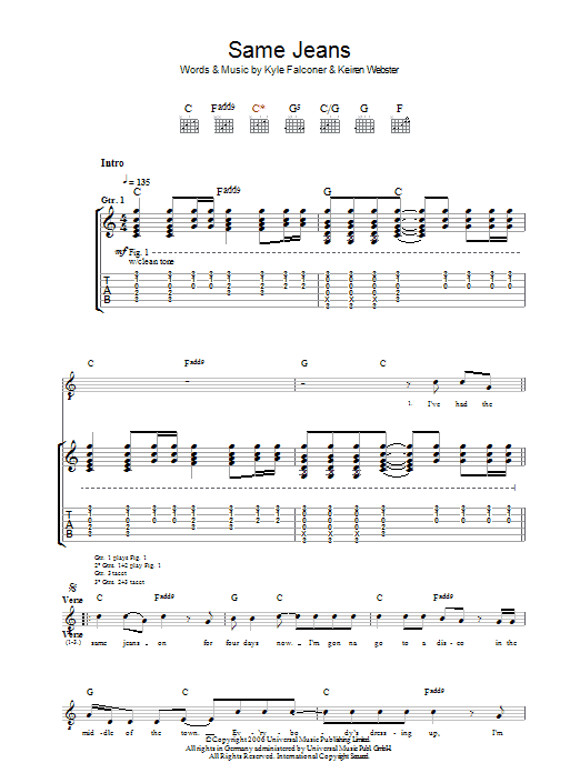 The View Same Jeans sheet music preview music notes and score for Guitar Tab including 8 page(s)