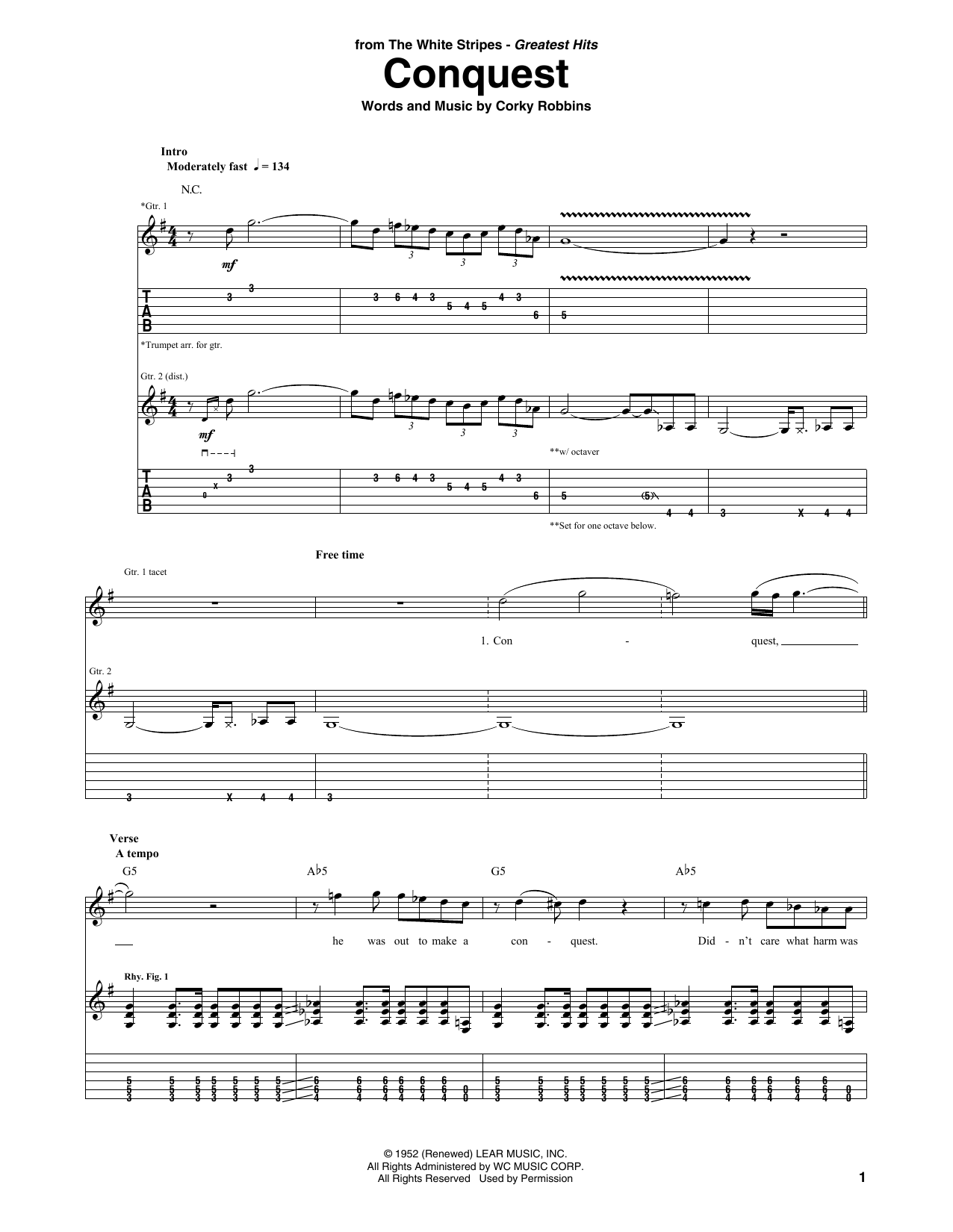 Learn to play The White Stripes Conquest sheet music for Guitar Tab in minutes. The White Stripes Conquest sheet music preview music notes and score for Guitar Tab including 5 page(s)